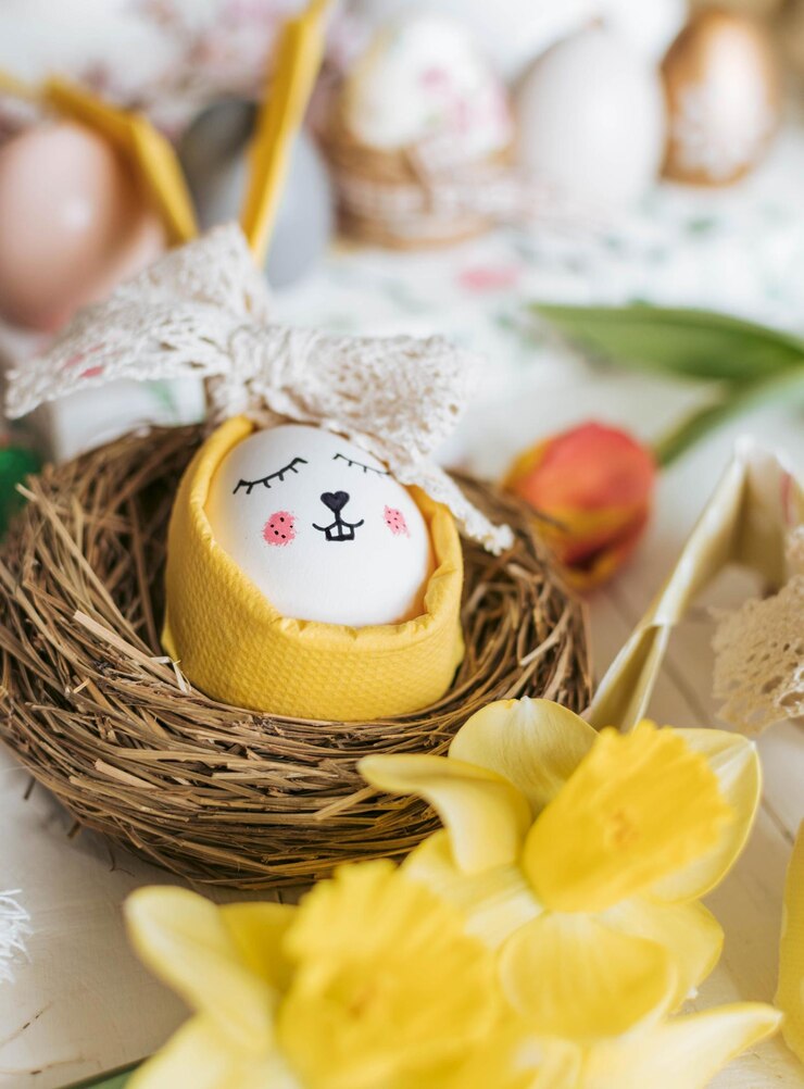 Photo close-up of easter holiday decorations food eggs on white wooden background flowers bunny nest