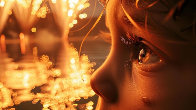 Close Up of Persons Eye con i fuochi d'artificio sullo sfondo della Giornata dell'Indipendenza Americana