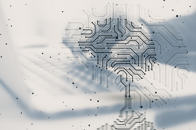 close up of toned male hand using laptop keyboard with creative circuit brain hologram on blurry light background double exposure