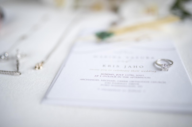 Close-up of wedding invitation