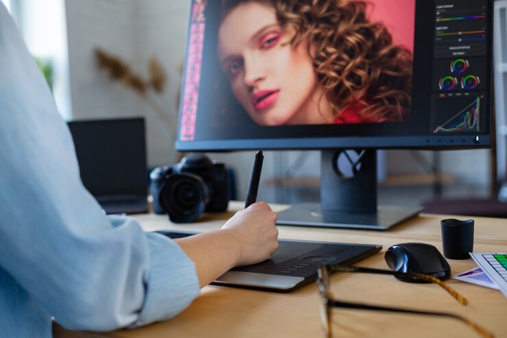 Photo close up portrait of graphic designer hands retouching images using graphic drawing tablet in special program. laptop,monitor, and color palette. retoucher workplace in photo studio. creative agency.
