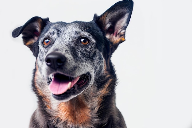 Close up ritratto simpatico cane grigio divertente sorridente su sfondo bianco isolato. Una bellissima foto del cane