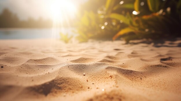 Close up sabbia Seascape astratto Estate spiaggia sabbiosa sfondo tropicale sfocatura bokeh luce del mare oceano e cielo IA generativa