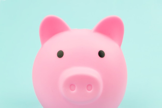 Close up salvadanaio rosa su sfondo blu. Finanza, concetto di risparmio di denaro.