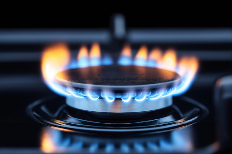 Close-up shot of a gas stove burner with a blue flame