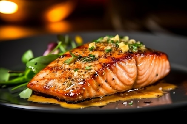 Close Up Succulent Grilled Salmon Fillet in una presentazione di lusso Generative AI