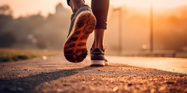 Close up sulla scarpa Corridore atlete piedi correndo sulla strada sotto la luce del sole al mattino AI Generative