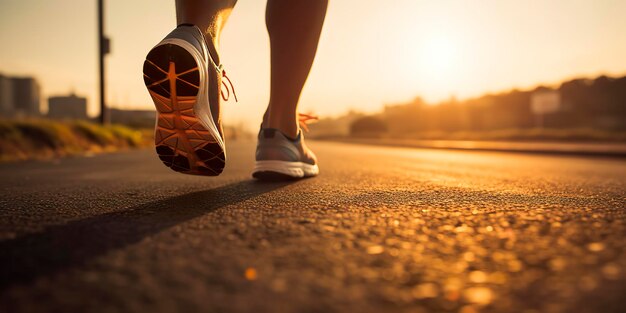 Close up sulla scarpa Corridore atlete piedi correndo sulla strada sotto la luce del sole al mattino AI Generative