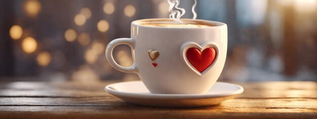 Close up tazza di caffè bianca con arte latte a forma di cuore su tavoletta di legno
