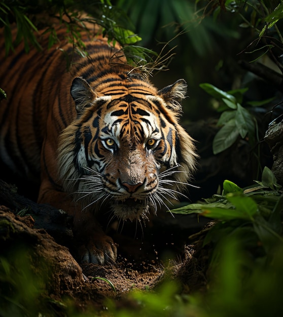 Close-up Tigre siberiano che cammina sulla strada attraverso la foresta buia