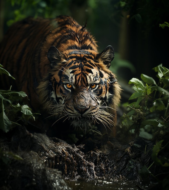 Close-up Tigre siberiano che cammina sulla strada attraverso la foresta buia