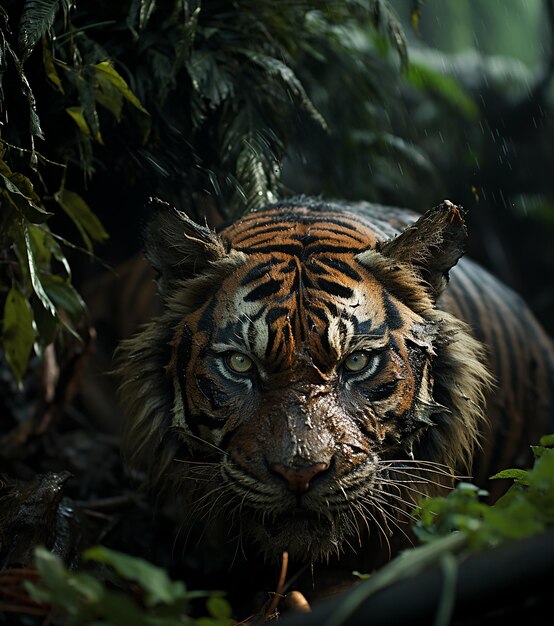 Close-up Tigre siberiano che cammina sulla strada attraverso la foresta buia