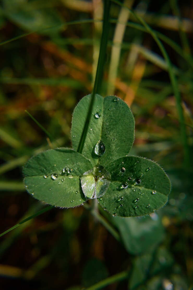 Foto close up trifoglio verde con gocce di rugiada