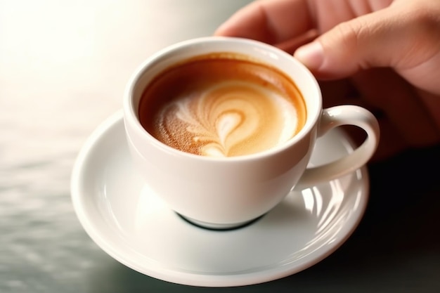 Close up uomo mano rilassante tenendo una tazza di caffè a casa o caffè a un tavolo tazza di café con arte latte