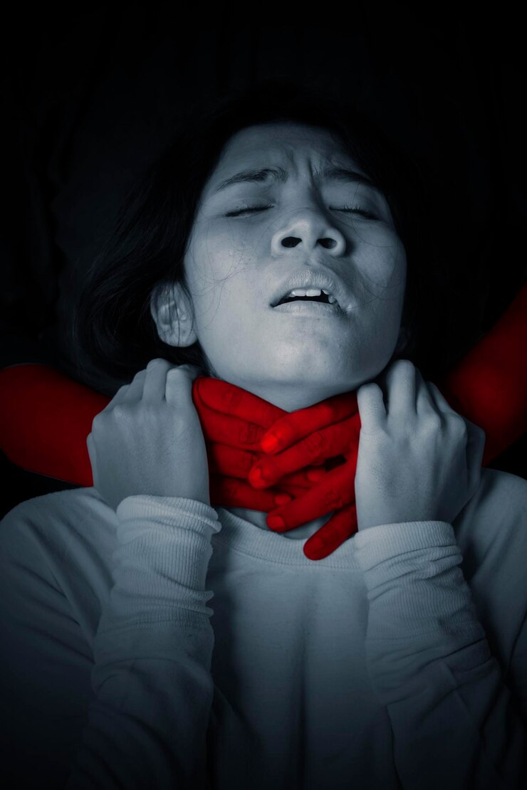 Closed up of young woman choked by her husband