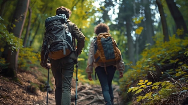 Closeknit Friends si godono una passeggiata panoramica giù per una collina nel bosco AI generativa