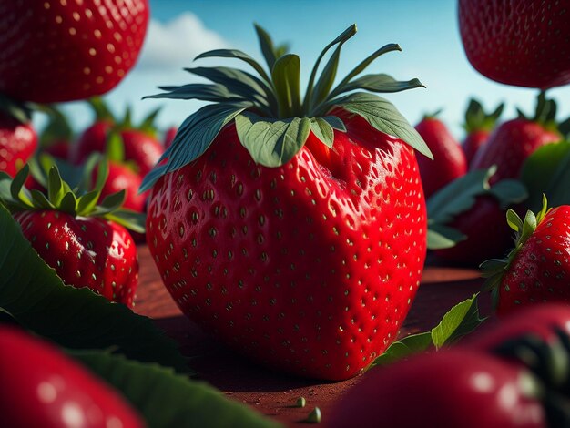 Closeup bella fragola con la riflessione Macro immagine di fragole fresche