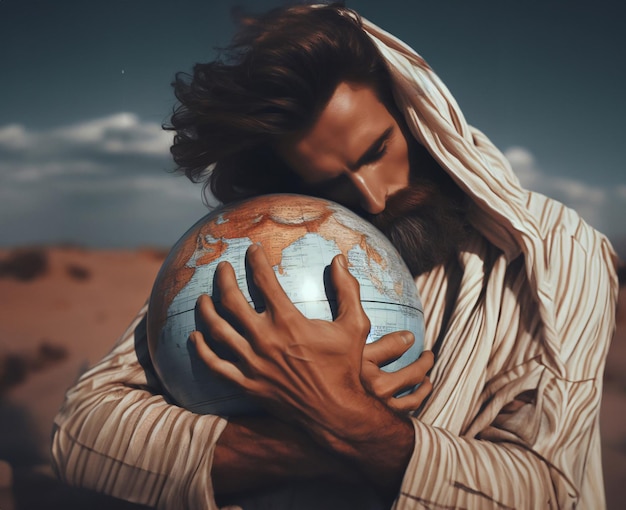 CloseUp cinematografico Uomo sufi europeo che abbraccia compassionevolmente il globo mondiale nel deserto