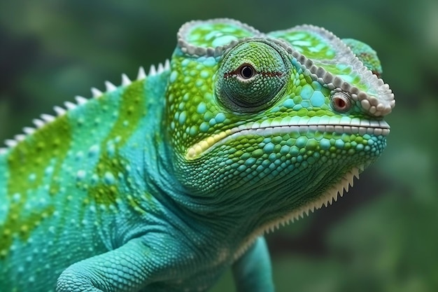 CloseUp del camaleonte verde rettile vibrante e l'AI generativa di camuffamento della natura