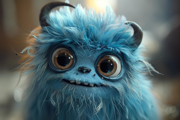 CloseUp del mostro blu sorridente, animale imbottito con grandi occhi