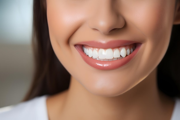 CloseUp del sorriso perfetto, bianco e luminoso di una donna e dei denti sani