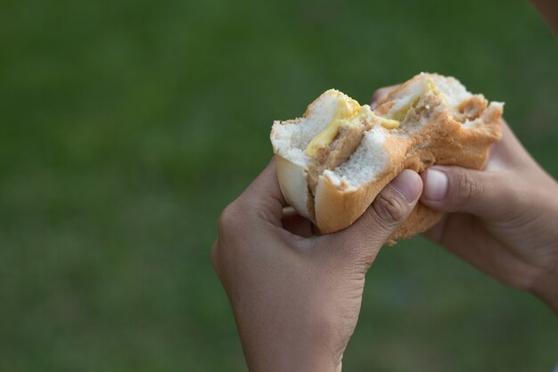 Closeup della mano azienda hamburger per mangiare, concetto di cibo