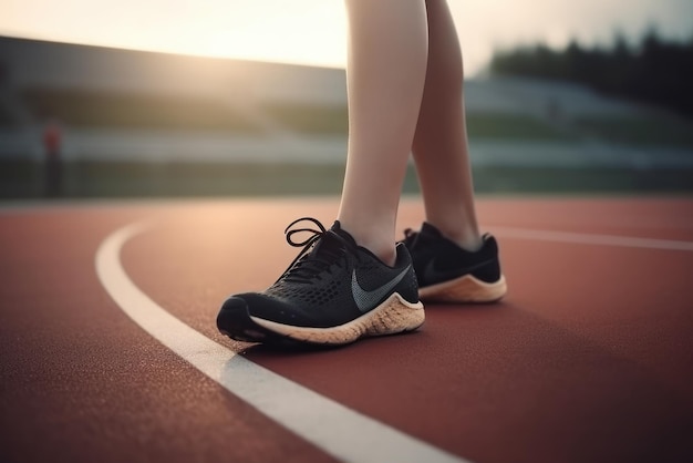 Closeup delle gambe femminili sulla pista di corsa allo stadio Fitness e concetto di stile di vita sano