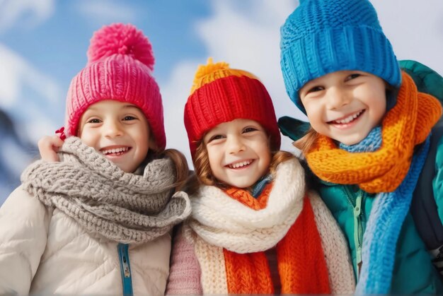 Closeup di bambini felici con cappelli di lana e sciarpe