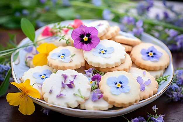 CloseUp di biscotti serviti con lecca-lecca di fiori commestibili