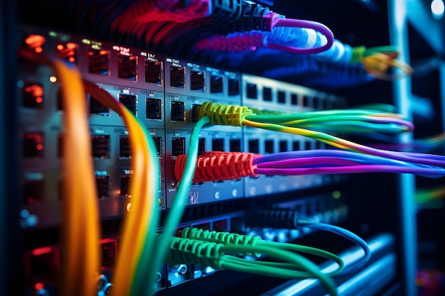 Closeup di cavi in fibra ottica collegati ai server