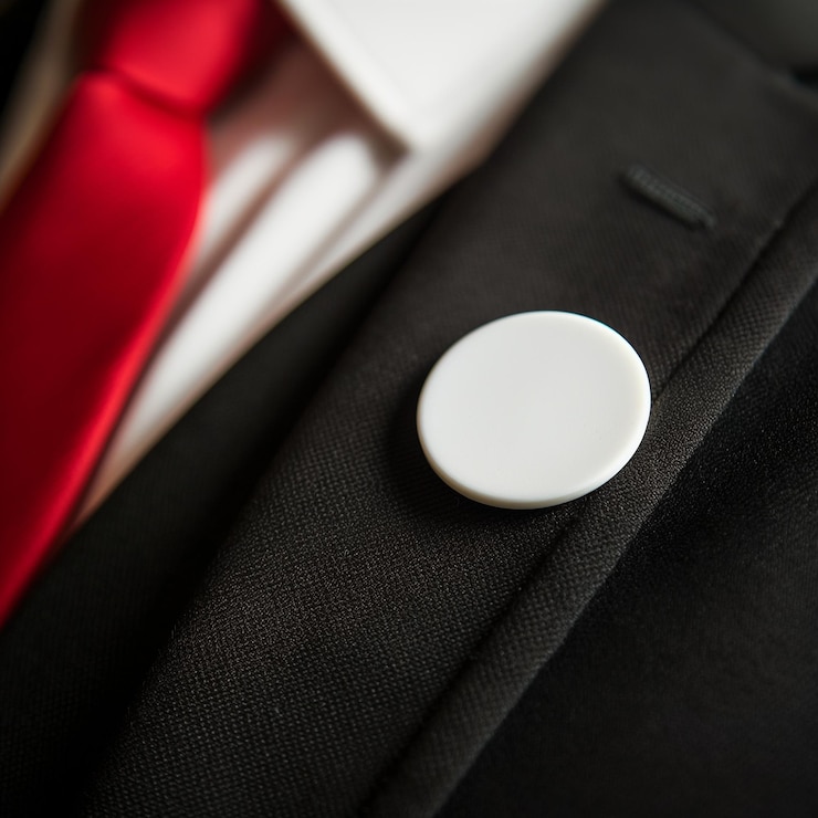 Foto closeup di cravatta rossa e abito nero con distintivo a bottone bianco abbigliamento aziendale professionale aziendale
