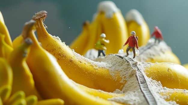 CloseUp di figurine che lavorano sulla banana su uno sfondo rosa