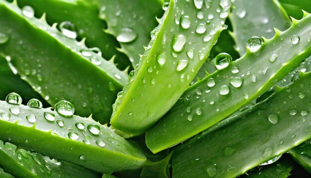 Closeup di foglie fresche di aloe vera verde con gocce d'acqua Idratazione naturale