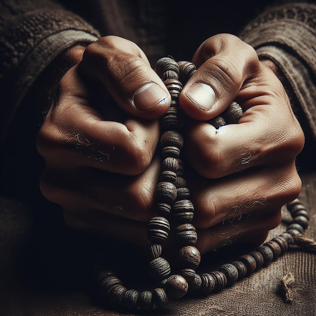 CloseUp di mani che tengono saldamente un Tasbih indossato che simboleggia l'intensa profondità della preghiera