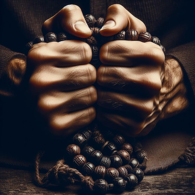 CloseUp di mani che tengono saldamente un Tasbih indossato che simboleggia l'intensa profondità della preghiera