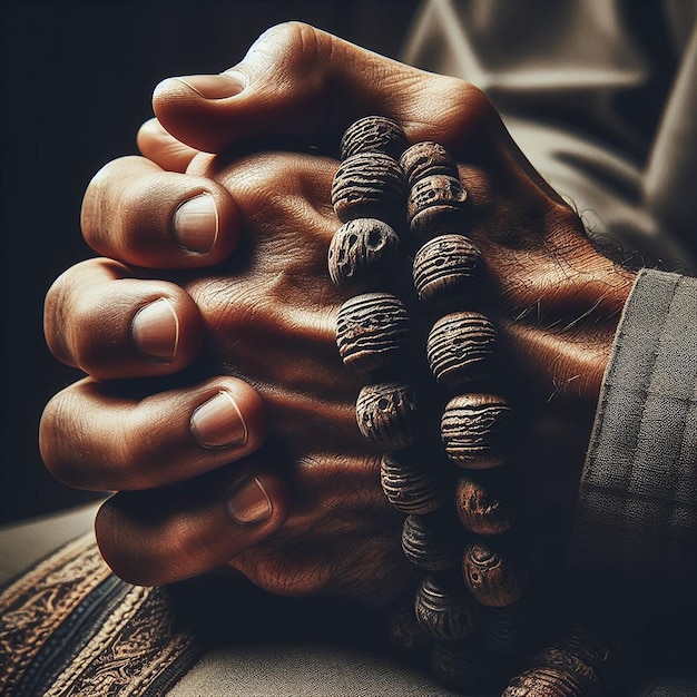 CloseUp di mani che tengono saldamente un Tasbih indossato che simboleggia l'intensa profondità della preghiera