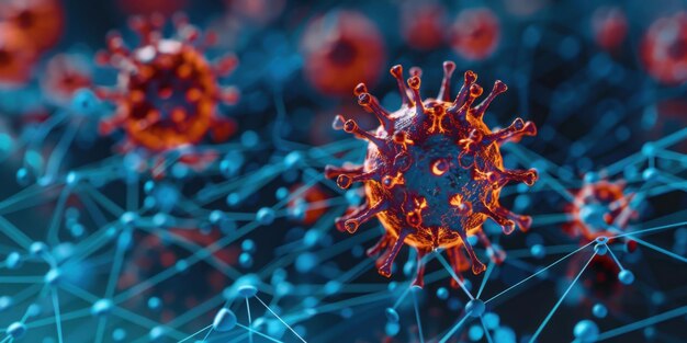 Closeup di particelle di coronavirus in una rete che illustra la struttura e le connessioni del virus