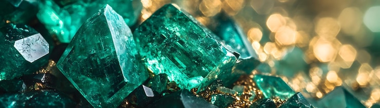 Foto closeup di pietre preziose verdi con sfondo luccicante d'oro