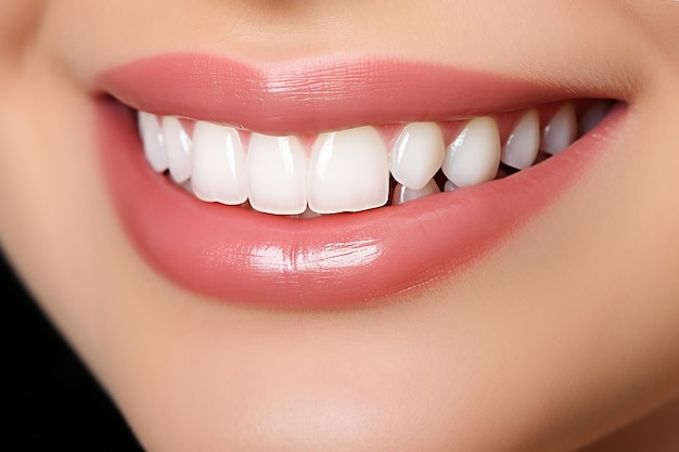 Closeup di un bel sorriso femminile con denti sani Concetto di cura dentale