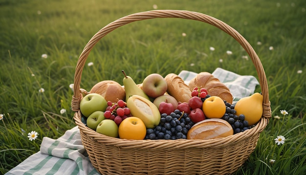 CloseUp di un cesto da picnic con frutta, cibo, pane e fiori su un prato verde generato dall'AI