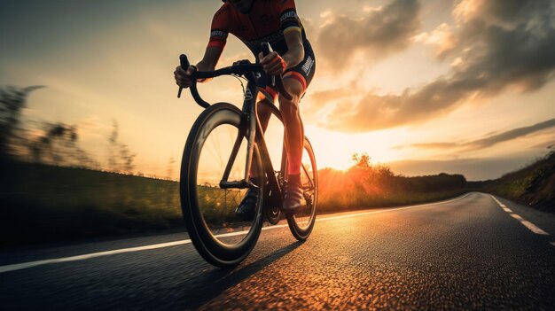 Closeup di un ciclista di strada che guida verso il tramonto unsplash foto di alta qualità ad alto dettaglio