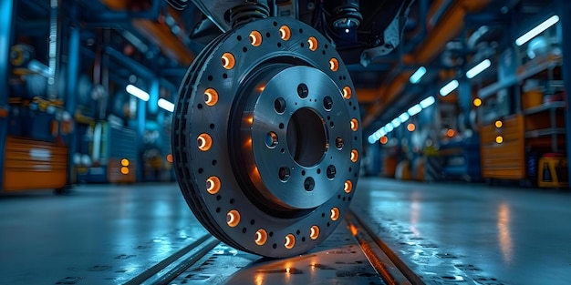 Closeup di un freno a disco che viene sostituito su un veicolo in un garage durante la manutenzione Concept Vehicle Maintenance Disc Brake Replacement Garage Scene Automotive Repair Closeup Photography