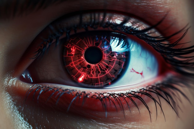 closeup di un occhio con intelligenza artificiale nella retina Tecnologie future per oggetti a lunga distanza attraverso la scansione con intelligenza artificialmente incorporata negli occhi