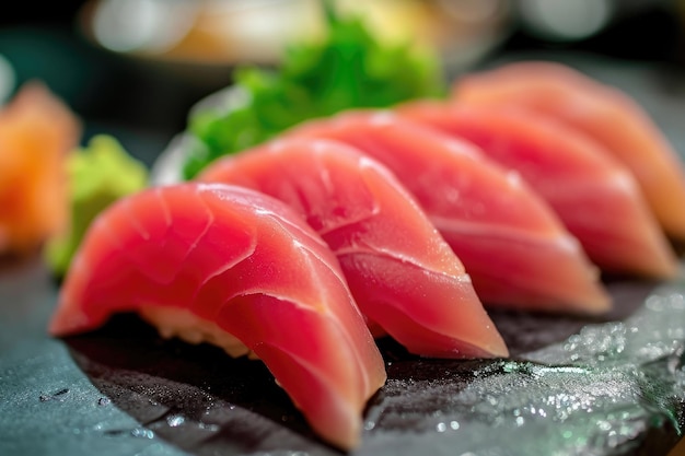 CloseUp di un piatto di Sushi Rolls appena preparati con salmone, avocado e riso in un ristorante di fascia alta che serve sushi di tonno rosso generato da AI