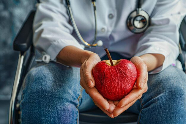 CloseUp di un professionista sanitario in sedia a rotelle che tiene una mela rossa che simboleggia la salute nutrizionale