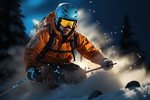 Closeup di un ragazzo con una giacca da sci arancione e occhiali da sci su una montagna innevata