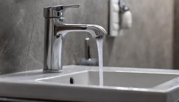 Closeup di un rubinetto d'acqua con gocce d'acqua All'interno del bagno