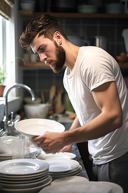 Closeup di un uomo che lava una montagna di piatti nel lavandino della cucina