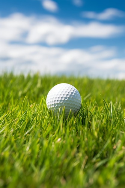 Closeup di una palla da golf seduta sull'erba verde di un campo da golf con un cielo blu e nuvole bianche sullo sfondo