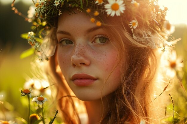 Closeup di una ragazza dai capelli rossi con una corona di fiori nel prato estivo